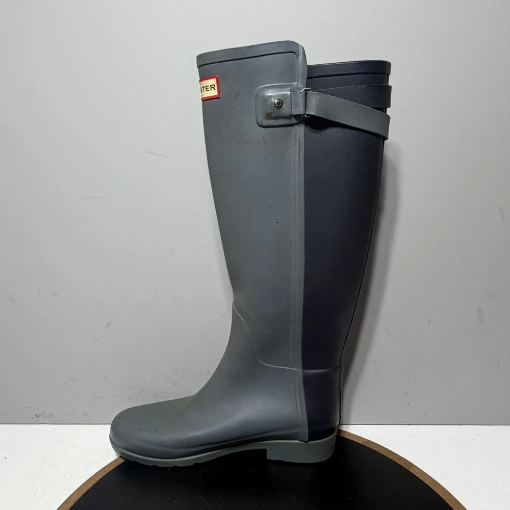 Hunter Rain Slate Boots Women 8 Grey Navy Blue Tall‎ Waterproof Matte Buckle